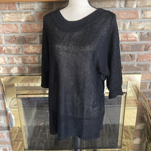 Cold water Creek Curved Hem Pullover Size Large Black Knit Linen Blend Sheer NWT - Picture 2 of 8